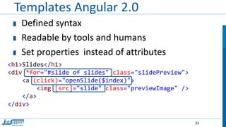 Templates Angular 2.0
Defined syntax
Readable by tools and humans
Set properties instead of attributes
33
<h1>Slides</h1>
<div *for="#slide of slides" class="slidePreview">
<a (click)="openSlide($index)">
<img [src]="slide" class="previewImage" />
</a>
</div>
 