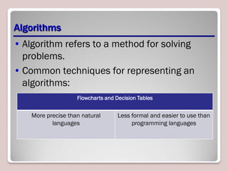 Algorithms
• Algorithm refers to a method for solving
problems.
• Common techniques for representing an
algorithms:
– Flowchart
– Decision Tables.
Flowcharts and Decision Tables
More precise than natural
languages
Less formal and easier to use than
programming languages
 