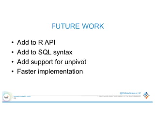 © 2016 SILICON VALLEY DATA SCIENCE LLC. ALL RIGHTS RESERVED.
@SVDataScience | 32
FUTURE WORK
• Add to R API
• Add to SQL syntax
• Add support for unpivot
• Faster implementation
 
