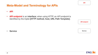 • API is a set of API endpoints.
• API endpoint is an interface; when using HTTP, an API endpoint is
identified by the triplet {HTTP method, host, URL Path Template}.
• API specification is a precise and comprehensive documentation of the
API endpoints part of the API. We use the OpenAPI/Swagger standard.
• Service is a piece of software, a piece of code, to be run in an out-of-
process component, so it cannot be a library!
• Service version is a version of a service.
• Instance is a running process of a service version. As the running
processes are addressable on TCP/IP network, you can call them via a
socket identified by an IP address and a TCP port.
25
Meta-Model and Terminology for APIs
API endpoint
Service
API
 
