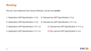 We can now implement the Canary Release, but let’s be careful
1. Application (API Specification x.Y.z)  (Yes)service (API Specification x.Y.z)
2. Application (API Specification x.Y.z)  (Yes)service (API Specification x.Y+1.z)
3. Application (API Specification x.Y+1.z)  (Yes)service (API Specification x.Y+1.z)
4. Application (API Specification x.Y+1.z)  (No) service (API Specification x.Y.z)
But, we can handle that by building the routing rules with information form both
the API Registry and the API Service Discovery ;-)
Routing
72
 