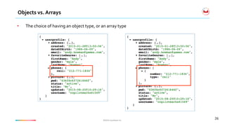 ©2016	Couchbase	Inc.	©2016	Couchbase	Inc.	
Objects	vs.	Arrays	
26	
•  The	choice	of	having	an	object	type,	or	an	array	type	
 