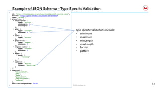 ©2016	Couchbase	Inc.	©2016	Couchbase	Inc.	
Type	speciﬁc	valida?ons	include:	
•  minimum	
•  maximum	
•  minLength	
•  maxLength	
•  format	
•  pagern	
43	
Example	of	JSON	Schema	–	Type	Speciﬁc	Validation	
 