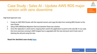 @2018 Copyright REAN Cloud. All rights reserved.
Case Study : Sales AI - Update AWS RDS major
version with zero downtime
High level approach was:
1. Create an AWS RDS Cluster with the required version and copy the data from existing RDS Cluster to this
new Cluster
2. Setup AWS DMS(Data Migration Service) between these two clusters
3. Once the replication is done and is ongoing then switch the application to point to the new DB. In our case
the micro-services running in AWS Fargate has to upgraded with the new end point and it took care of
draining the old and using the new.
Read the detailed case study here
DevOps
Engineering
DB Upgrade Zero Downtime
 