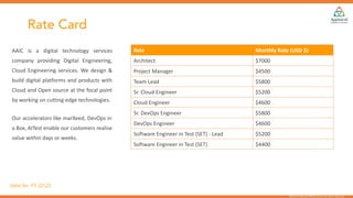 @2018 Copyright REAN Cloud. All rights reserved.
Rate Card
AAIC is a digital technology services
company providing Digital Engineering,
Cloud Engineering services. We design &
build digital platforms and products with
Cloud and Open source at the focal point
by working on cutting-edge technologies.
Our accelerators like marXeed, DevOps in
a Box, AITest enable our customers realise
value within days or weeks.
Valid for FY 22-23
Role Monthly Rate (USD $)
Architect $7000
Project Manager $4500
Team Lead $5800
Sr. Cloud Engineer $5200
Cloud Engineer $4600
Sr. DevOps Engineer $5800
DevOps Engineer $4600
Software Engineer in Test (SET) - Lead $5200
Software Engineer in Test (SET) $4400
 