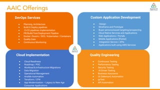 AAIC Offerings
6
DevOps Services
● Planning, Architecture
● Build & Deploy pipelines
● CI-CD pipelines implementation
● PR/Build/Test/Deployment Pipeline
● Docker /Swarm / EKS / Kubernetes / Containers
● Quality Gate
● Continuous Monitoring
Custom Application Development
● Design
● Wireframe and Prototype
● Buyer persona-based targeting/prospecting
● Cloud Native Services and Applications
● Web Applications / Portals
● Mobile Applications [Flutter]
● Integration Service / APIs
● Applications built using AWS Services
Cloud Implementation
● Cloud Readiness
● Roadmap / POC
● Workload & Infrastructure Migrations
● Data Migration
● Operational Management
● Ansible Automation
● Terraform / CFN
● App Modernization – Legacy to New Age
Consumer Applications
●
Quality Engineering
● Continuous Testing
● Performance Testing
● Security Testing
● AI Driven Testing
● Business Assurance
● UI (Selenium) Automation
● pyTest
● API Automation
 