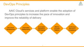 DevOps Principles
AAIC Cloud’s services and platform enable the adoption of
DevOps principles to increase the pace of innovation and
improve the reliability of delivery
Test Driven
Development
Automated
Deployments
Automated
Operations
(Self-Healing)
Metrics
Focused
Platform
Continuous
Security &
Compliance
8
 