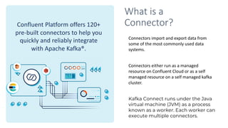 What is a
Connector?
Confluent Platform offers 120+
pre-built connectors to help you
quickly and reliably integrate
with Apache Kafka®.
Connectors import and export data from
some of the most commonly used data
systems.
Connectors either run as a managed
resource on Confluent Cloud or as a self
managed resource on a self managed kafka
cluster.
Kafka Connect runs under the Java
virtual machine (JVM) as a process
known as a worker. Each worker can
execute multiple connectors.
 