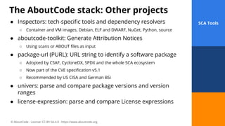 © AboutCode - License: CC-BY-SA-4.0 - https://www.aboutcode.org
● Inspectors: tech-speciﬁc tools and dependency resolvers
○ Container and VM images, Debian, ELF and DWARF, NuGet, Python, source
● aboutcode-toolkit: Generate Attribution Notices
○ Using scans or ABOUT ﬁles as input
● package-url (PURL): URL string to identify a software package
○ Adopted by CSAF, CycloneDX, SPDX and the whole SCA ecosystem
○ Now part of the CVE speciﬁcation v5.1
○ Recommended by US CISA and German BSi
● univers: parse and compare package versions and version
ranges
● license-expression: parse and compare License expressions
The AboutCode stack: Other projects
42
SCA Tools
 