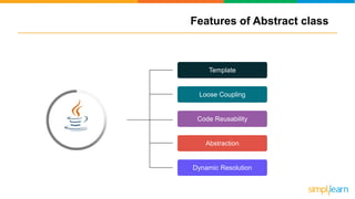 Features of Abstract class
Template
Loose Coupling
Code Reusability
Abstraction
Dynamic Resolution
 