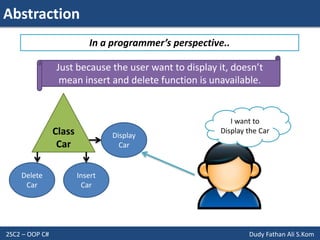 Abstraction
2SC2 – OOP C# Dudy Fathan Ali S.Kom
In a programmer’s perspective..
Display
Car
Insert
Car
Class
Car
I want to
Display the Car
Delete
Car
Just because the user want to display it, doesn’t
mean insert and delete function is unavailable.
 