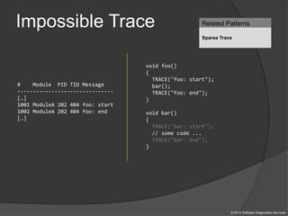 Impossible Trace
© 2012 Software Diagnostics Services
# Module PID TID Message
-------------------------------
[…]
1001 ModuleA 202 404 foo: start
1002 ModuleA 202 404 foo: end
[…]
void foo()
{
TRACE("foo: start");
bar();
TRACE("foo: end");
}
void bar()
{
TRACE("bar: start");
// some code ...
TRACE("bar: end");
}
Related Patterns
Sparse Trace
 