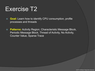 Exercise T2
© 2012 Software Diagnostics Services
 Goal: Learn how to identify CPU consumption, profile
processes and threads
 Patterns: Activity Region, Characteristic Message Block,
Periodic Message Block, Thread of Activity, No Activity,
Counter Value, Sparse Trace
 