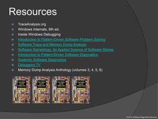Resources
 TraceAnalysis.org
 Windows Internals, 6th ed.
 Inside Windows Debugging
 Introduction to Pattern-Driven Software Problem Solving
 Software Trace and Memory Dump Analysis
 Software Narratology: An Applied Science of Software Stories
 Introduction to Pattern-Driven Software Diagnostics
 Systemic Software Diagnostics
 Debugging TV
 Memory Dump Analysis Anthology (volumes 3, 4, 5, 6)
© 2012 Software Diagnostics Services
 