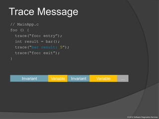 Trace Message
© 2012 Software Diagnostics Services
// MainApp.c
foo () {
trace(“foo: entry”);
int result = bar();
trace(“bar result: 5”);
trace(“foo: exit”);
}
Invariant Variable Invariant Variable …
 
