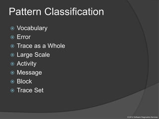 Pattern Classification
© 2012 Software Diagnostics Services
 Vocabulary
 Error
 Trace as a Whole
 Large Scale
 Activity
 Message
 Block
 Trace Set
 