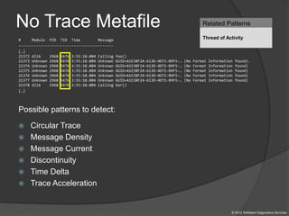 No Trace Metafile
© 2012 Software Diagnostics Services
# Module PID TID Time Message
-------------------------------------------
[…]
21372 dllA 2968 5476 3:55:10.004 Calling foo()
21373 Unknown 2968 5476 3:55:10.004 Unknown GUID=A1E38F24-613D-4D71-B9F5-… (No Format Information found).
21374 Unknown 2968 5476 3:55:10.004 Unknown GUID=A1E38F24-613D-4D71-B9F5-… (No Format Information found)
21375 Unknown 2968 5476 3:55:10.004 Unknown GUID=A1E38F24-613D-4D71-B9F5-… (No Format Information found)
21376 Unknown 2968 5476 3:55:10.004 Unknown GUID=A1E38F24-613D-4D71-B9F5-… (No Format Information found)
21377 Unknown 2968 5476 3:55:10.004 Unknown GUID=A1E38F24-613D-4D71-B9F5-… (No Format Information found)
21378 dllA 2968 5476 3:55:10.004 Calling bar()
[…]
Possible patterns to detect:
 Circular Trace
 Message Density
 Message Current
 Discontinuity
 Time Delta
 Trace Acceleration
Related Patterns
Thread of Activity
 