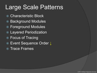 Large Scale Patterns
© 2012 Software Diagnostics Services
 Characteristic Block
 Background Modules
 Foreground Modules
 Layered Periodization
 Focus of Tracing
 Event Sequence Order ↓
 Trace Frames
 