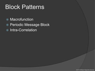 Block Patterns
© 2012 Software Diagnostics Services
 Macrofunction
 Periodic Message Block
 Intra-Correlation
 