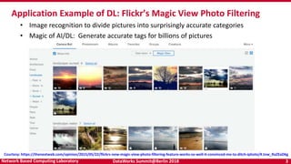 DataWorks Summit@Berlin 2018 3Network Based Computing Laboratory
Application Example of DL: Flickr’s Magic View Photo Filtering
Courtesy: https://thenextweb.com/opinion/2015/05/22/flickrs-new-magic-view-photo-filtering-feature-works-so-well-it-convinced-me-to-ditch-iphoto/#.tnw_RaZEaD6g
• Image recognition to divide pictures into surprisingly accurate categories
• Magic of AI/DL: Generate accurate tags for billions of pictures
 