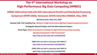 DataWorks Summit@Berlin 2018 43Network Based Computing Laboratory
The 4th International Workshop on
High-Performance Big Data Computing (HPBDC)
HPBDC 2018 will be held with IEEE International Parallel and Distributed Processing
Symposium (IPDPS 2018), Vancouver, British Columbia CANADA, May, 2018
Workshop Date: May 21st, 2018
Keynote Talk: Prof. Geoffrey Fox, Twister2: A High-Performance Big Data Programming Environment
Six Regular Research Papers and Two Short Research Papers
Panel Topic: Which Framework is the Best for High-Performance Deep Learning:
Big Data Framework or HPC Framework?
http://web.cse.ohio-state.edu/~luxi/hpbdc2018
HPBDC 2017 was held in conjunction with IPDPS’17
http://web.cse.ohio-state.edu/~luxi/hpbdc2017
HPBDC 2016 was held in conjunction with IPDPS’16
http://web.cse.ohio-state.edu/~luxi/hpbdc2016
 