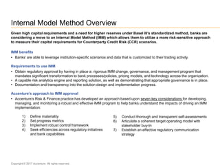 Internal Model Method Overview
Given high capital requirements and a need for higher reserves under Basel III’s standardized method, banks are
considering a move to an Internal Model Method (IMM) which allows them to utilize a more risk-sensitive approach
to measure their capital requirements for Counterparty Credit Risk (CCR) scenarios.
IMM benefits
• Banks’ are able to leverage institution-specific scenarios and data that is customized to their trading activity.
Requirements to use IMM
• Obtain regulatory approval by having in place a: rigorous IMM change, governance, and management program that
mandates significant transformation to bank processes/policies, pricing models, and technology across the organization.
• A capable risk analytics engine and reporting solution, as well as demonstrating that appropriate governance is in place.
• Documentation and transparency into the solution design and implementation progress.
Accenture’s approach to IMM approval
• Accenture’s Risk & Finance practice has developed an approach based upon seven key considerations for developing,
managing, and monitoring a robust and effective IMM program to help banks understand the impacts of driving an IMM
implementation:
1) Define materiality
2) Set progress metrics
3) Implement robust control framework
4) Seek efficiencies across regulatory initiatives
and bank capabilities
5) Conduct thorough and transparent self-assessments
6) Articulate a coherent target operating model with
stakeholder buy-In
7) Establish an effective regulatory communication
strategy
Copyright © 2017 Accenture All rights reserved.
 