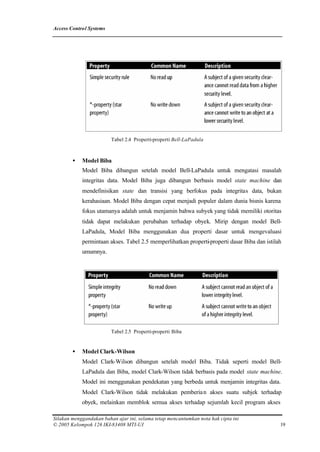 Access Control Systems




                         Tabel 2.4 Properti-properti Bell-LaPadula



        •   Model Biba
            Model Biba dibangun setelah model Bell-LaPadula untuk mengatasi masalah
            integritas data. Model Biba juga dibangun berbasis model state machine dan
            mendefinisikan state dan transisi yang berfokus pada integritas data, bukan
            kerahasiaan. Model Biba dengan cepat menjadi populer dalam dunia bisnis karena
            fokus utamanya adalah untuk menjamin bahwa subyek yang tidak memiliki otoritas
            tidak dapat melakukan perubahan terhadap obyek. Mirip dengan model Bell-
            LaPadula, Model Biba menggunakan dua properti dasar untuk mengevaluasi
            permintaan akses. Tabel 2.5 memperlihatkan properti-properti dasar Biba dan istilah
            umumnya.




                         Tabel 2.5 Properti-properti Biba


        •   Model Clark-Wilson
            Model Clark-Wilson dibangun setelah model Biba. Tidak seperti model Bell-
            LaPadula dan Biba, model Clark-Wilson tidak berbasis pada model state machine.
            Model ini menggunakan pendekatan yang berbeda untuk menjamin integritas data.
            Model Clark-Wilson tidak melakukan pemberia n akses suatu subjek terhadap
            obyek, melainkan memblok semua akses terhadap sejumlah kecil program akses

Silakan menggandakan bahan ajar ini, selama tetap mencantumkan nota hak cipta ini
© 2005 Kelompok 126 IKI-83408 MTI-UI                                                          19
 