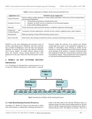IJRET: International Journal of Research in Engineering and Technology eISSN: 2319-1163 | pISSN: 2321-7308
__________________________________________________________________________________________
Volume: 03 Issue: 03 | Mar-2014, Available @ http://www.ijret.org 498
Table 3: Various Applications of Mobile Ad Hoc Networks (MANETs) [2]
Application Area MANETS can be employed in
Tactical Networks
Various military combat operations in which military personnel’s need secure ad hoc communication
and automated battlefields.
Emergency Services
 Various Rescue operations in disaster prone areas
 Hospitals for better services in situations of environmental tragedies
 police and fire fighting operations
Education Virtual classrooms, online tutorials & lectures, worldwide conferences and meetings
Commercial and
Civilian Situations
Ecommerce, business applications, vehicular services, airports, shopping centers, sports stadiums
Entertainment Multi-user gaming, wireless P2P networking, internet access
Sensor Networks Smart homes, data tracking of animal movements, chemical and biological monitoring.
MANETs are the most challenging and innovative areas of
wireless networking and are ubiquitous. But these networks
face a number of challenges as well, the major one being the
challenge of routing the data across the network efficiently
and in secure manner. To enable efficient routing of data
across the network, various routing protocols have been
proposed over the years which have been discussed in section
2.
2. MOBILE AD HOC NETWORK ROUTING
PROTOCOLS
A. S. Tanenbaum [1] described that a routing protocol is a set
of rules for efficient transmission of data across a network.
Protocols enable the selection of an optimal and efficient
routing path from source to the destination comprising of a
number of intermediate nodes. Routing in mobile ad hoc
networks is a major challenge because of the dynamic changes
in the topology of the network. A number of protocols have
been proposed to handle the communication among the nodes
in an efficient manner. These protocols have been categorized
as Table based and Demand based Routing protocols.
Fig.3: Classification of Mobile Ad Hoc Routing Protocols
2.1. Table Based Routing Protocols (Proactive):
According to P. Mishra [5], these are the protocols in which
each node maintains a routing table containing information of
routes to all other nodes in the network. Whenever there is a
topology change, the nodes transmit update packets to all other
nodes so that the routing information contained in the tables is
accurate and up to date. The updates are periodic. There are a
Mobile Ad
Hoc
Routing
Protocols
Table Based
Routing
Protocols
Demand
Based
Routing
Protocols
DSD
V
WRP GSR CBRP AODV DSRFSR HSR ZHLS CGSR TORA ABR SSR
 