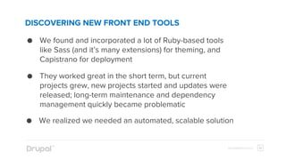 elevatedthird.comelevatedthird.com
DISCOVERING NEW FRONT END TOOLS
● We found and incorporated a lot of Ruby-based tools
like Sass (and it’s many extensions) for theming, and
Capistrano for deployment
● They worked great in the short term, but current
projects grew, new projects started and updates were
released; long-term maintenance and dependency
management quickly became problematic
● We realized we needed an automated, scalable solution
 