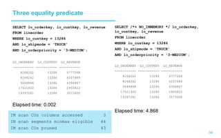 34
Three equality predicate
SELECT lo_orderkey, lo_custkey, lo_revenue
FROM lineorder
WHERE lo_custkey = 13286
AND lo_shipmode = 'TRUCK’
AND lo_orderpriority = '3-MEDIUM’;
LO_ORDERKEY LO_CUSTKEY LO_REVENUE
----------- ----------- -----------
8268262 13286 6777268
8268262 13286 6207689
9048868 13286 6394887
17521920 13286 2905822
19397281 13286 3573400
Elapsed time: 0.002
SELECT /*+ NO_INMEMORY */ lo_orderkey,
lo_custkey, lo_revenue
FROM lineorder
WHERE lo_custkey = 13286
AND lo_shipmode = 'TRUCK’
AND lo_orderpriority = '3-MEDIUM’;
LO_ORDERKEY LO_CUSTKEY LO_REVENUE
----------- ----------- -----------
8268262 13286 6777268
8268262 13286 6207689
9048868 13286 6394887
17521920 13286 2905822
19397281 13286 3573400
Elapsed time: 4.868
IM scan CUs columns accessed 3
IM scan segments minmax eligible 44
IM scan CUs pruned 43
 