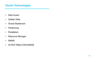 44
Oracle Technologies
•  Data Guard
•  Golden Gate
•  Oracle Multitenant
•  Partitioning
•  Parallelism
•  Resource Manager
•  RMAN
•  ALTER TABLE EXCHANGE
 