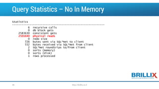 Query Statistics – No In Memory
Statistics
----------------------------------------------------------
6 recursive calls
0 db block gets
2583630 consistent gets
2501640 physical reads
0 redo size
726 bytes sent via SQL*Net to client
552 bytes received via SQL*Net from client
2 SQL*Net roundtrips to/from client
0 sorts (memory)
0 sorts (disk)
1 rows processed
http://brillix.co.il36
 