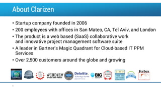 About Clarizen
• Startup company founded in 2006
• 200 employees with offices in San Mateo, CA, Tel Aviv, and London
• The product is a web based (SaaS) collaborative work
and innovative project management software suite
• A leader in Gartner’s Magic Quadrant for Cloud-based IT PPM
Services
• Over 2,500 customers around the globe and growing
5
http://brillix.co.il
 