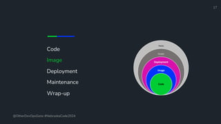 Code
Image
Deployment
Maintenance
Wrap-up
17
@OtherDevOpsGene #NebraskaCode2024
Hosts
Cluster
Deployment
Image
Code
 