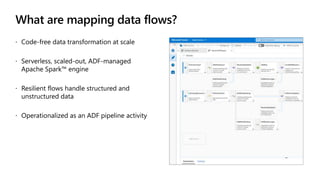 What are mapping data flows?
 Code-free data transformation at scale
 Serverless, scaled-out, ADF-managed
Apache Spark™ engine
 Resilient flows handle structured and
unstructured data
 Operationalized as an ADF pipeline activity
 
