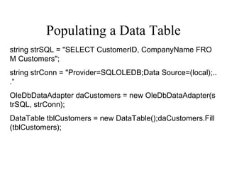 Populating a Data Table
string strSQL = "SELECT CustomerID, CompanyName FRO
M Customers";
string strConn = "Provider=SQLOLEDB;Data Source=(local);..
.“
OleDbDataAdapter daCustomers = new OleDbDataAdapter(s
trSQL, strConn);
DataTable tblCustomers = new DataTable();daCustomers.Fill
(tblCustomers);
 