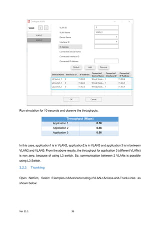 Ver 11.1 36
Run simulation for 10 seconds and observe the throughputs.
In this case, application1 is in VLAN2, application2 is in VLAN3 and application 3 is in between
VLAN2 and VLAN3. From the above results, the throughput for application 3 (different VLANs)
is non zero, because of using L3 switch. So, communication between 2 VLANs is possible
using L3 Switch.
3.2.3 Trunking
Open NetSim, Select Examples->Advanced-routing->VLAN->Access-and-Trunk-Links as
shown below:
Throughput (Mbps)
Application 1 0.58
Application 2 0.58
Application 3 0.58
 