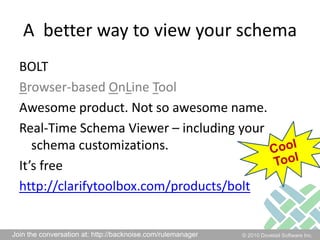 A  better way to view your schemaBOLTBrowser-based OnLineToolAwesome product. Not so awesome name.Real-Time Schema Viewer – including your schema customizations.It’s freehttp://clarifytoolbox.com/products/boltCool Tool