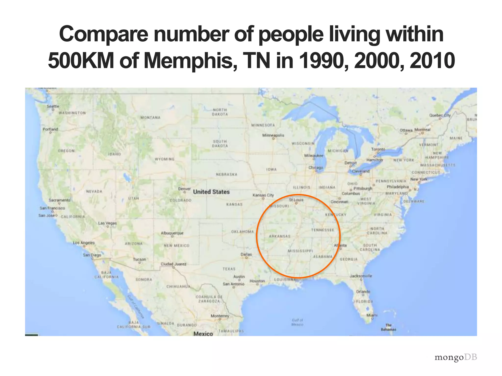 Compare number of people living within
500KM of Memphis, TN in 1990, 2000, 2010
 