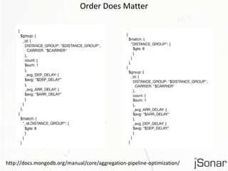 Order Does Matter 
http://docs.mongodb.org/manual/core/aggregation-pipeline-optimization/ 
 