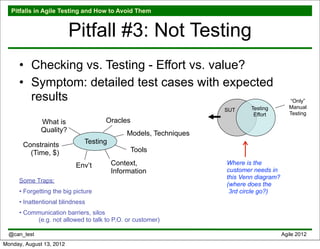 Pitfalls in Agile Testing and How to Avoid Them


                          Pitfall #3: Not Testing
     • Checking vs. Testing - Effort vs. value?
     • Symptom: detailed test cases with expected
       results                                                                           “Only”
                                                                         Testing         Manual
                                                                 SUT
                                                                          Effort         Testing
              What is               Oracles
              Quality?                      Models, Techniques
       Constraints            Testing
         (Time, $)                            Tools

                          Env’t         Context,                 Where is the
                                        Information              customer needs in
                                                                 this Venn diagram?
     Some Traps:
                                                                 (where does the
     • Forgetting the big picture                                 3rd circle go?)
     • Inattentional blindness
     • Communication barriers, silos
          (e.g. not allowed to talk to P.O. or customer)

  @can_test                                                                           Agile 2012
Monday, August 13, 2012
 