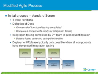 Modified Agile Process

             Initial process – standard Scrum
                         4 week iterations
                         Definition of Done
                              • One round of functional testing completed
                              • Completed components ready for integration testing
                         Integration testing completed by 2nd team in subsequent iteration
                              • Defects found corrected during the iteration
                         Deployment/Release typically only possible when all components
                         have completed Integration testing




© 2011 Cerner Corporation. All rights reserved. This document contains Cerner confidential and/or proprietary information which may not be reproduced or transmitted without the express written consent of Cerner.   27
 