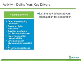Activity – Define Your Key Drivers


                        Potential Drivers                                                                              List the key drivers at your
                                                                                                                       organization for a migration
           Supporting ongoing
            innovation
           Create an Agile
            ecosystem
           Creating a software
            architecture that scales
           Improving solution
            maintainability
           Leveraging open
            standards/interoperabilit
            y
           Avoiding support gaps
            for legacy systems



© 2011 Cerner Corporation. All rights reserved. This document contains Cerner confidential and/or proprietary information which may not be reproduced or transmitted without the express written consent of Cerner.   8
 