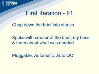 First Iteration - It1
Chop down the brief into stories
Spoke with creator of the brief, my boss
& team about what was needed
Pluggable, Automatic, Auto QC
 