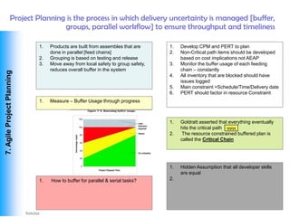 Project Planning is the process in which delivery uncertainty is managed [buffer,
                                 groups, parallel workflow] to ensure throughput and timeliness

                             1.   Products are built from assembles that are     1.   Develop CPM and PERT to plan
                                  done in parallel [feed chains]                 2.   Non-Critical path items should be developed
                             2.   Grouping is based on testing and release            based on cost implications not AEAP
                             3.   Move away from local safety to group safety,   3.   Monitor the buffer usage of each feeding
                                  reduces overall buffer in the system                chain – constantly
 7. Agile Project Planning




                                                                                 4.   All inventory that are blocked should have
                                                                                      issues logged
                                                                                 5.   Main constraint =Schedule/Time/Delivery date
                                                                                 6.   PERT should factor in resource Constraint
                             1.   Measure – Buffer Usage through progress



                                                                                 1.   Goldratt asserted that everything eventually
                                                                                      hits the critical path qqqq
                                                                                 2.    The resource constrained buffered plan is
                                                                                      called the Critical Chain




                                                                                 1.   Hidden Assumption that all developer skills
                                                                                      are equal
                             1.   How to buffer for parallel & serial tasks?     2.




Vishwanath Ramdas
 