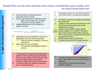 Smooth flow can be interrupted by three causes: a bottleneck, poor quality, and
                                                                     an overly large batch size
                                                                                          1.    Investigate reasons why stockpiling happens?
                                   1.   Inventory piles up at the point where             2.    Use Visual control for awareness & decisions
 9. Agile Development Management




                                        production rate is minimal
                                   2.   Use the right batch size to optimize the flow
                                                                                          1.    In Projects, inventory is a better lead indicator
                                          1. Batch reduces setup but increases
                                                                                                than Lead time
                                                Queue time, waiting, fatigue, LT..
                                                                                          2.     Quality is more expensive, downstream in the
                                   3.   Intellectual efficiency is the avoidance of
                                                                                                flow as more areas would need rework,
                                        waste in the flow
                                                                                                multiplying the impact
                                                                                          3.    Capers Jones and Karl Wiegers [2002]
                                                                                         qqqq   studies suggest 10% of effort in developer
                                                                                                peer review results in 45% defect reduction,
                                                                                                65% if unit tests are included and 80%if formal
                                   1.   Calculate true cost of bottleneck using TA, at          inspections are done
                                        bottlenecks, lost time cant be recovered          4.    Small batches result in smooth flow
                                         1. What is the loss of capacity in cost and      5.    The less pronounced S the better the team
                                               value terms
                                   2.   What is the true cost of Quality?
                                         1. The capacity and prodctivity impact of
                                               re-work


                                   1.    It is dangerous to assume that bugs stand in
                                        isolation, when code fails regression testing,
                                        there may be multiple units of production lost    1.    In software development, bad management
                                        through multiple stages of the system                   gets compensated by free overtime, abuse of
                                        resulting in large loss of effort and outcomes          engineers
                                   2.   Too small a batch size results in high setup      2.    Large batches create execution fatigue
                                        time [ context switching]                               resulting in defects

Vishwanath Ramdas
 