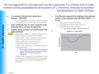 No one approach to management can be a panacea. It is unlikely that a single
            method will be acceptable for all situations. It is, therefore, necessary to question
                                                               the application of Agile methods
                        •     It is always attractive to polarize a                      •   Fred Brooks argued that adding more people
                              debate – DO NOT                                                makes a late project later [Brooks 1995]. - J-
                                –    E,g, In US politics ouy are either a donkey             Curve
                                     or an elephant, or you opt out of politics.              –   How do we make a change?
                        •     Each methods has its own scope & scale,                         –    Eli Goldratt's observation that all
 31. Devil's Advocacy




                              with the best context to apply for                                  improvements are changes,
                                                                                                    •   but not all changes are improvements
                        •     Capers Jones analysis on production rate
                              improvement                                                •
                            qqqq –   Data from 7,000 + IT projects over more
                                     than 15 years [Constantine 2001]
                                –    Code reuse >> best way to improve the
                                     rate of Function Points delivered
                                –    Teams with peer reviews by far
                                     outperform those that don't
                                –    Teams with specialists outperform those
                                     with generalists
                                       •   This is against Agile Foundation principles
                                       •   Scott Ambler has found ultimate solution
                                           [2003]. He calls them generalist
                                           specialists
                                –    Teams with a specialist maintenance and
                                     performance tuning function outperform
                                     teams that use mainline developers for
                                     this task.




Vishwanath Ramdas
 