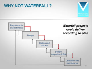 WHY NOT WATERFALL?



  Requirements                                      Waterfall projects
  and estimates
                                                      rarely deliver
                                                    according to plan
                  Design


                           Coding and
                            unit test


                                             System
                                        integration & QA


                                                           Operation and
                                                           maintenance
                                                                           20
 