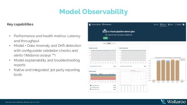 Proprietary and Conﬁdential, Wallaroo Labs, Inc. (2022)
Model Observability
Key capabilities
• Performance and health metrics: Latency
and throughput
• Model + Data Anomaly and Drift detection
with conﬁgurable validation checks and
alerts (Wallaroo assays ™)
• Model explainability and troubleshooting
reports
• Native and integrated 3rd party reporting
tools
 
