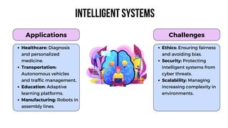 Intelligent Systems
Healthcare: Diagnosis
and personalized
medicine.
Transportation:
Autonomous vehicles
and traffic management.
Education: Adaptive
learning platforms.
Manufacturing: Robots in
assembly lines.
Ethics: Ensuring fairness
and avoiding bias.
Security: Protecting
intelligent systems from
cyber threats.
Scalability: Managing
increasing complexity in
environments.
Applications Challenges
 